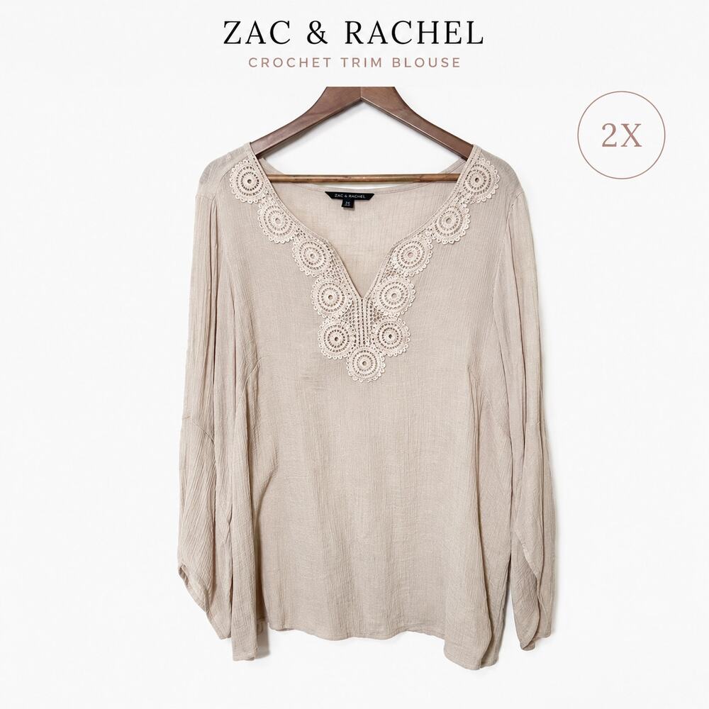Zac & Rachel Beige Gauzy Crochet Trim Peasant Blouse 2X